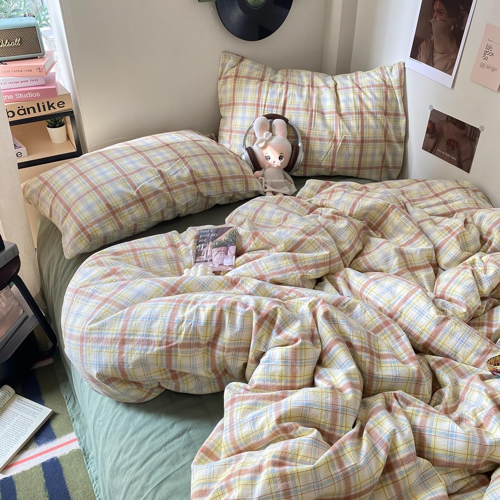 Image of EAVD Vintage Style Buffalo Plaid Duvet Cover Twin Size 3 Pieces Grid Plaid Bedding Set Soft 100% Washed Cotton Aesthetic Gingham Duvet Cover with 2 Pillowcases Colorful Grid Checkered Bedding Set