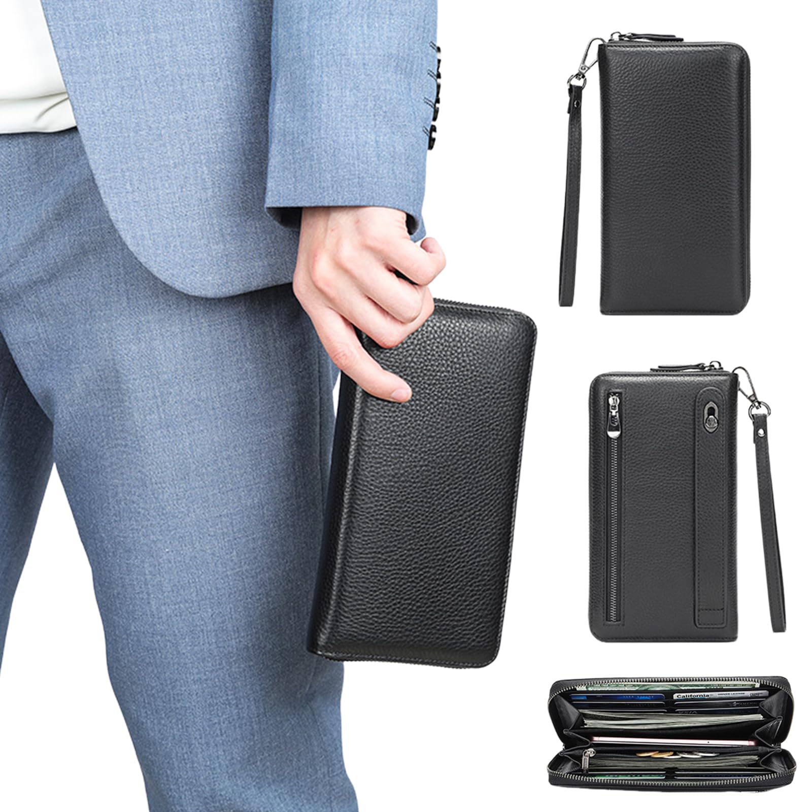 Cartera de piel de vacuno plegable delgada de gran capacidad con cremallera, regalos personalizados para papá y marido