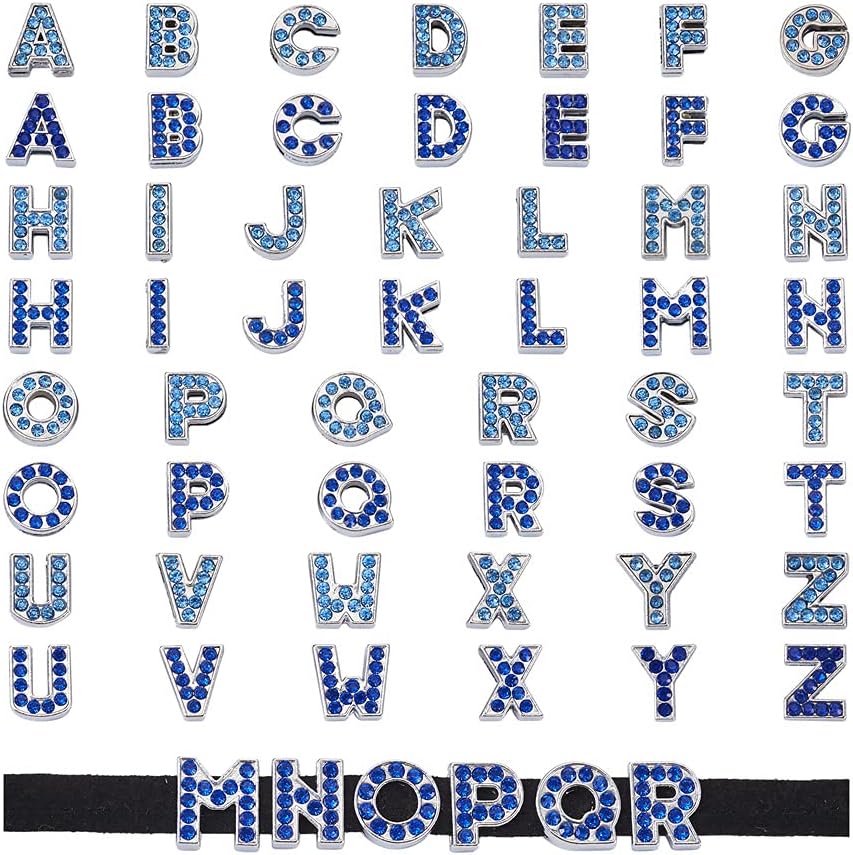 KISSITTY 52pcs/Box Alloy Rhinestone Alphabet Pendant Charms Crystal Blue Letter A-Z Metal Light Siam Loose Spacer Beads Slide Charms 12mm for DIY Bracelet Necklace Jewelry Crafts Making