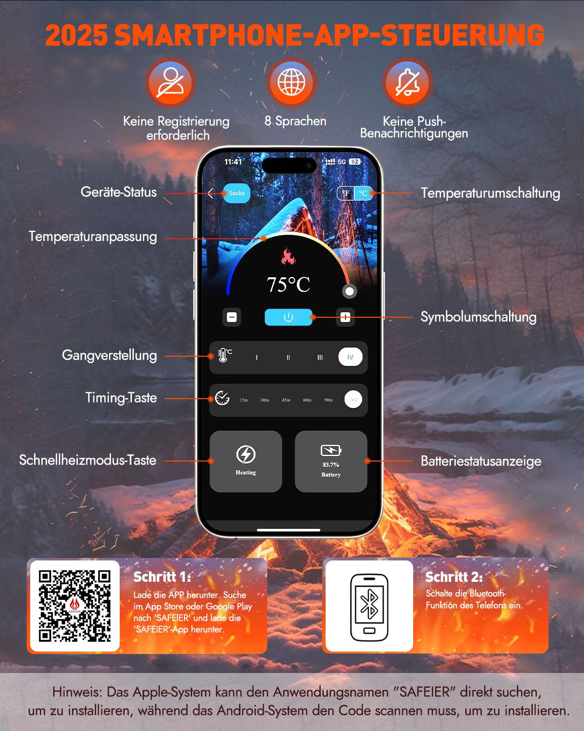Beheizbare Socken Damen Herren, 5 V 6000 mAh APP-Steuerung Heizsocken, 2025 neues Upgrade +30% Heizfläche, geeignet zum Skifahren, Outdoor, Camping, Wandern und Motorradfahren
