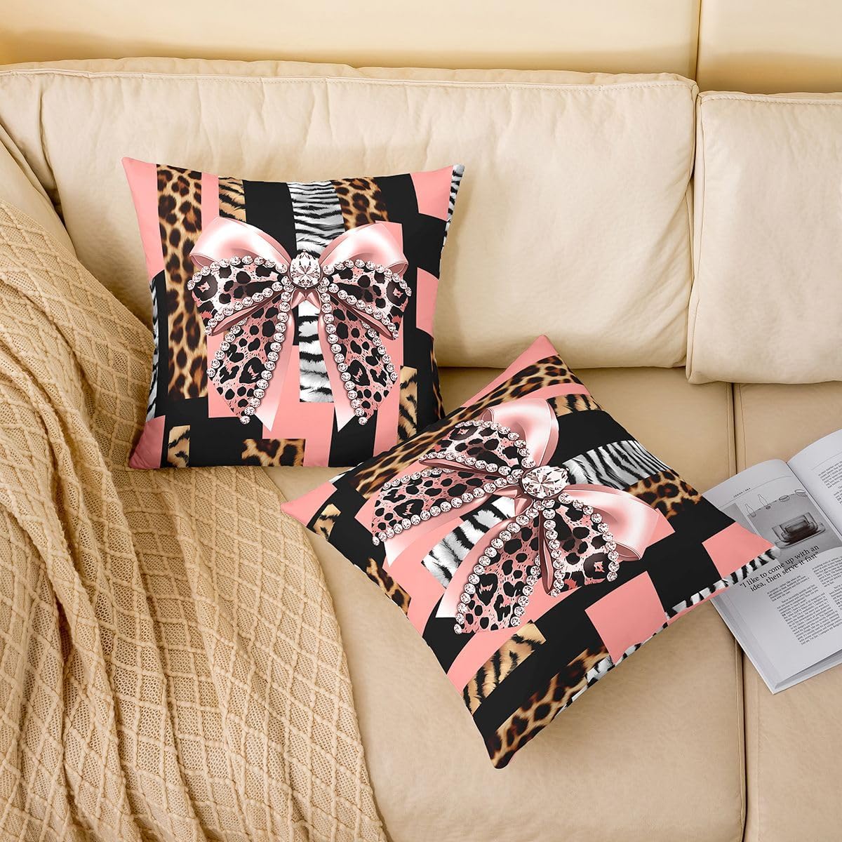 Feelyou Light Pink Bowknot Throw Pillow Covers Set of 2 Girls Leopard Print Decorative Pillowcase Cheetah Cushion Covers for Sofa Couch Bed Cushion Case Bow Knot Print Home Decor 24 x 24-Inch