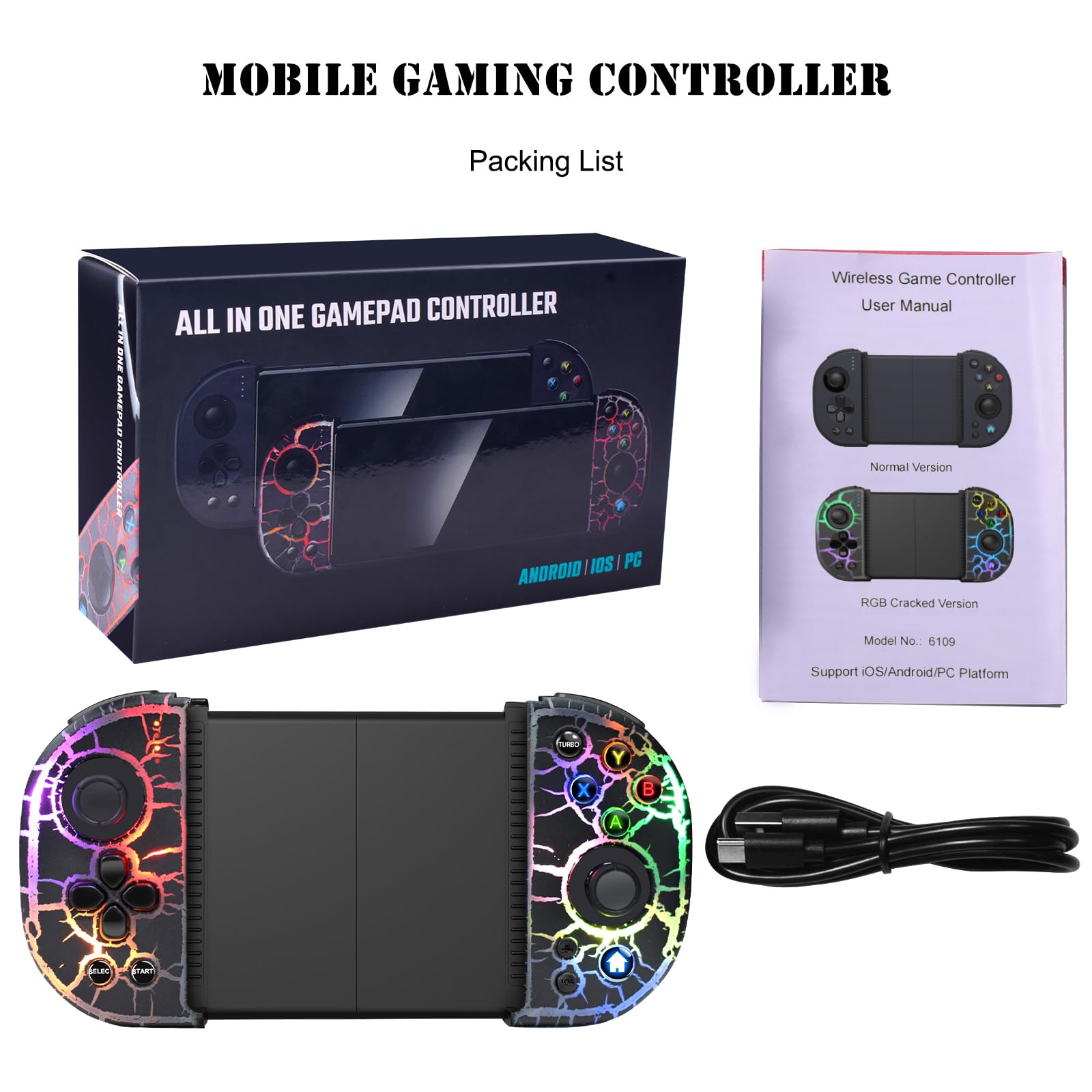 RGB Cracked Gaming Controller for iPhone Android PC iOS Wireless Gamepad Joystick for iPhone 16/15/14/13/12/X, iPad, Galaxy S23/S22/S21, TCL, LG, Tablet, Turbo, 18 Color LED, Call of duty, Direct Play 9