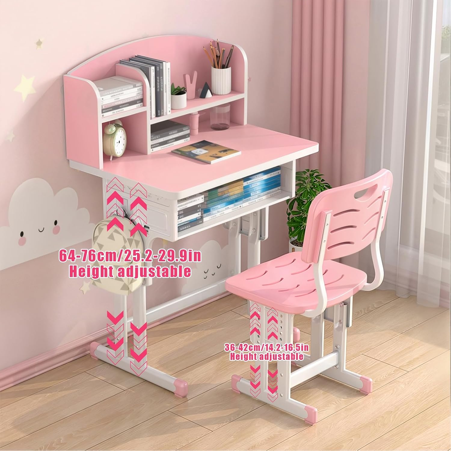 Kids Functional Desk and Chair Set,Ergonomic Height Adjustable Children School Study Desk with Storage Drawer Kids Desk and Chair Set with Book Stand,Partition Design for Home or School Use Pink 70 cm