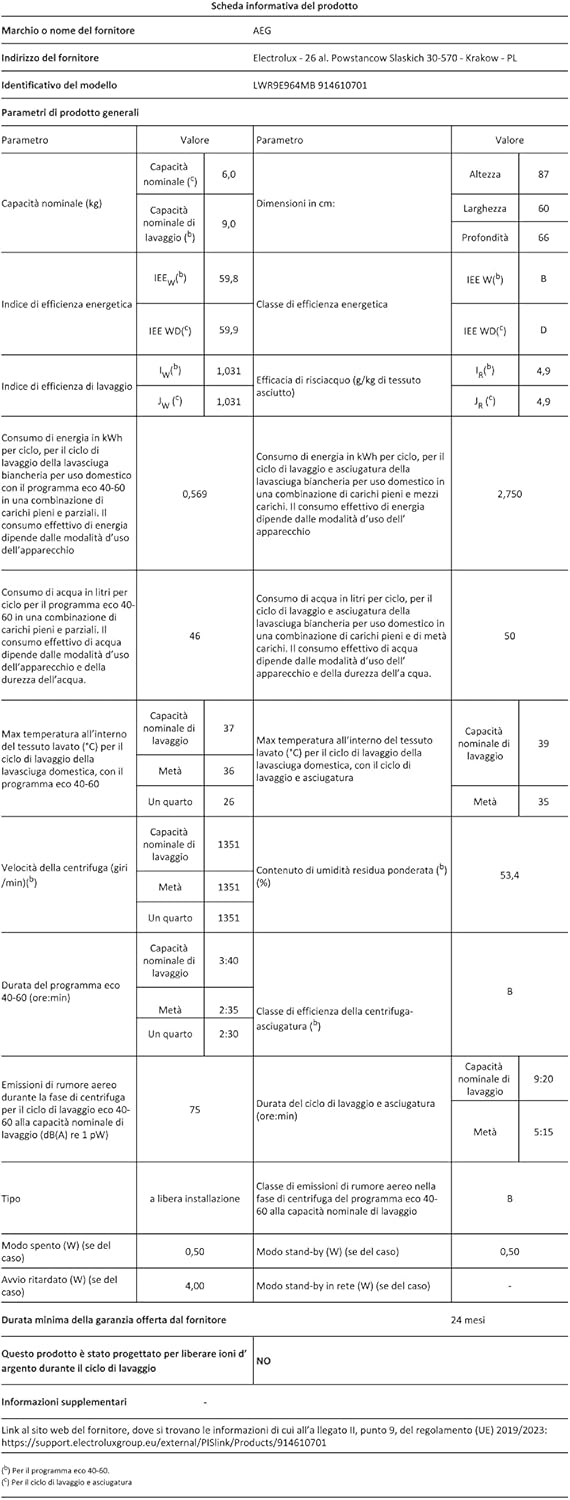AEG LWR9E964MB Lavasciuga Ökokombi Serie 9000 AbsoluteCare, 9 kg Lavaggio, 6 kg Asciugatura, Classe B se usata come lavatrice, Classe D se usata come lavasciuga, Bianco AEG LWR9E964MB Lavasciuga Ökokombi Serie 9000 AbsoluteCare, 9 kg Lavaggio, 6 kg Asciugatura, Classe B se usata come lavatrice, Classe D se usata come lavasciuga, Bianco