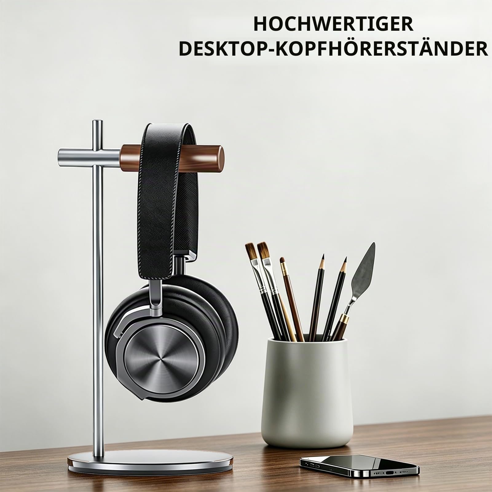 Kopfhörerständer aus Eichenholz, Headset Ständer für Schreibtisch, Universal Halterung Halter für Airpods Max, Bose, Beats, Gaming, VR Display Stand (Silber)