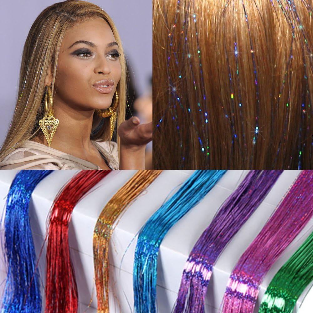 Inaly 310 Strands Holographic Sparkle Hair Tinsel Extensions Dazzles 48" Shiny Rainbow Glitter Highlights Party