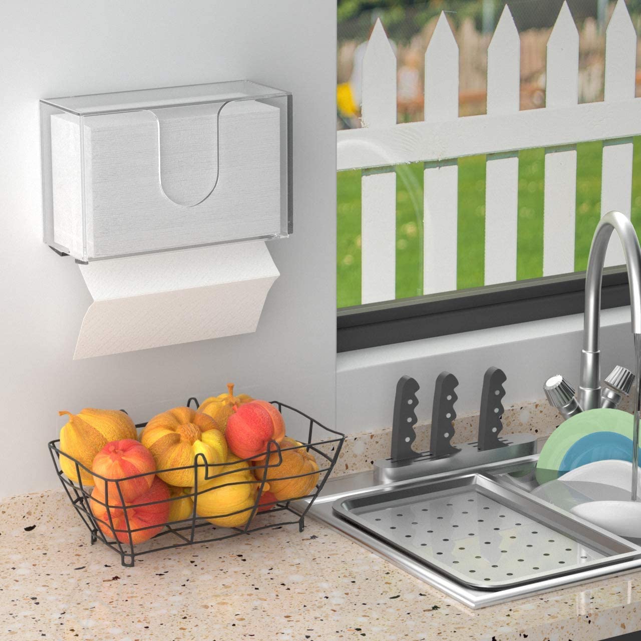 HIIMIEI Dispensador de toallas de papel montado en la pared, soporte acrílico para toallas de papel, dispensador de toallas de mano para toallas de mano plegadas, perfecto para cocina, baño,