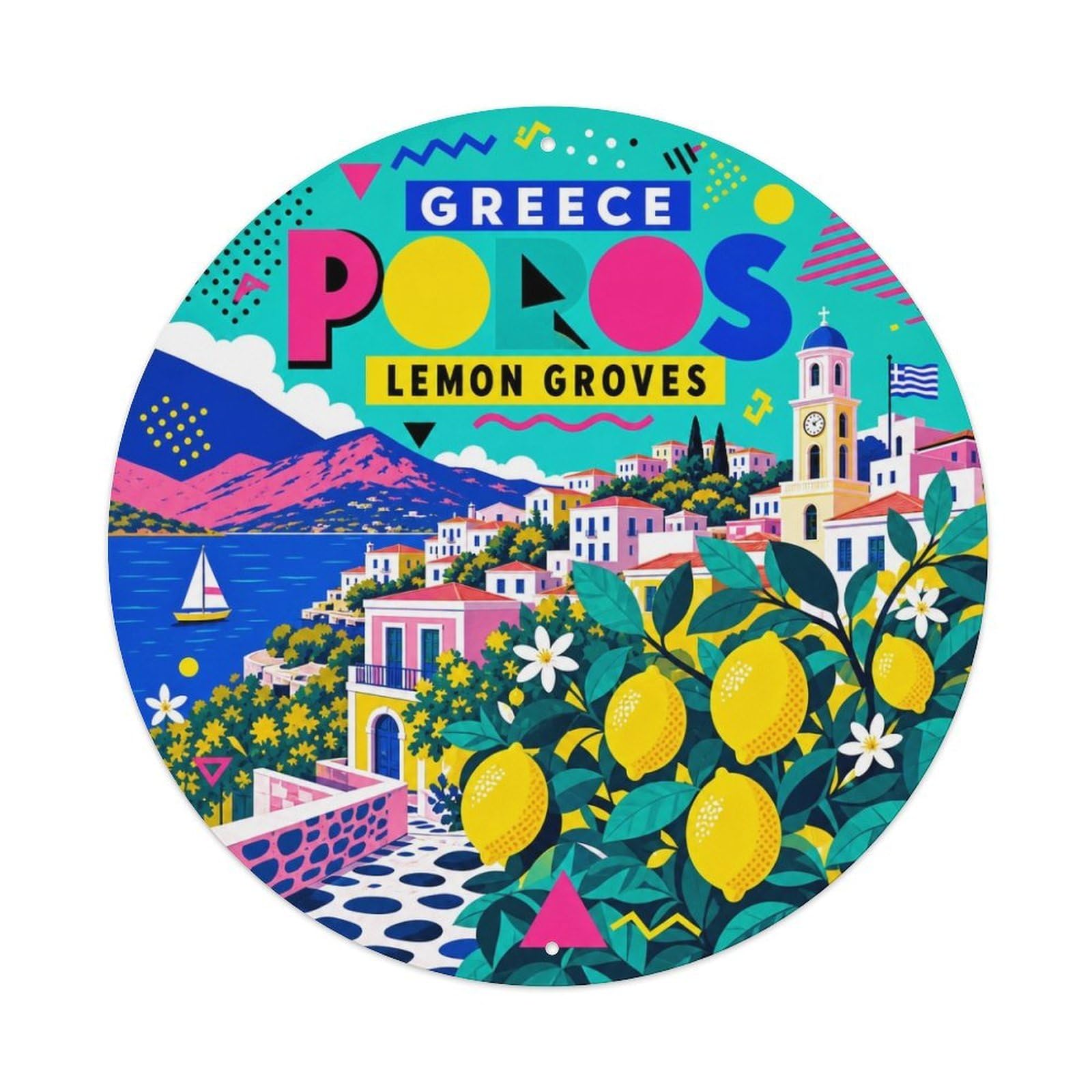 Poros Lemon Groves Greek Memphis Style Island Scenery Metal Tin Sign Plaque Wall Decor for Cafe, Man Cave, Club Bar, Office, Home Garden Round Metal Poster 8x8Inch
