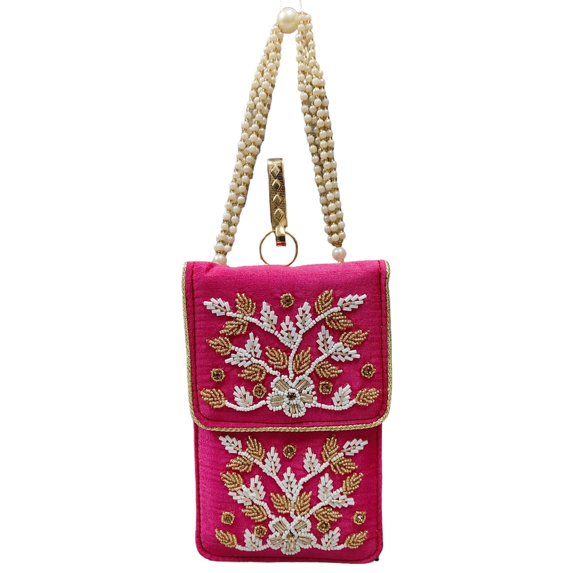 EK PAHECHAN Womens Raw Silk Pearl and Motif Beaded Designer Zipper Pocket Pearl Handle and Long Sling Chain Clutch Bag for Wedding Parties (RANI PINK) (B0D2LCKKSN) Amazon Price History, Amazon Price Tracker