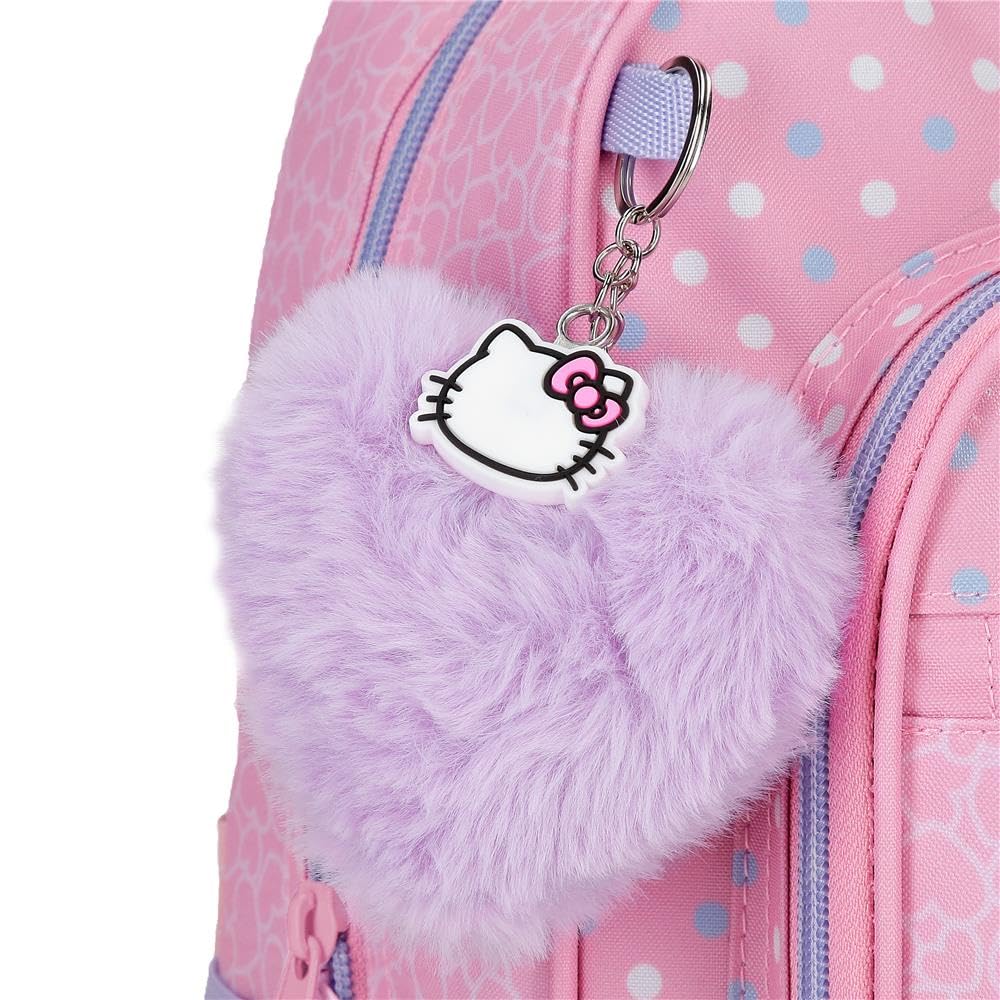 Sac à dos d'école Hello Kitty Hearts & Dots, sac à dos rose pour enfant, en polyester, compartiment principal avec poche intérieure, bretelles larges, ergonomiques et rembourrées.