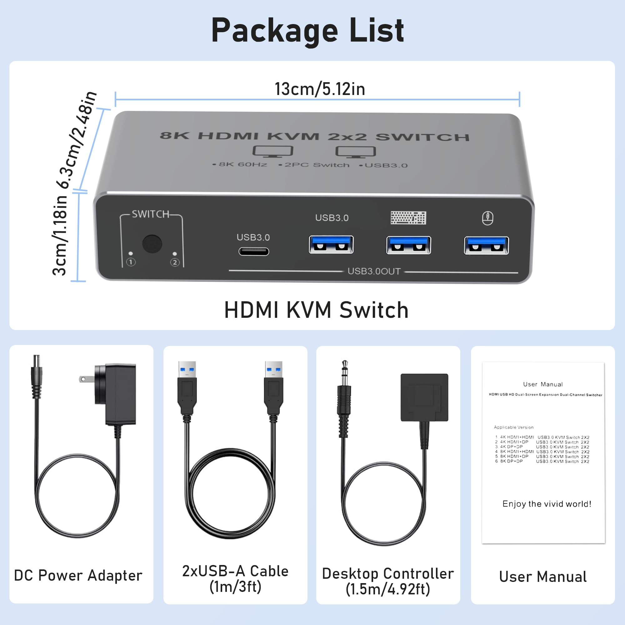 Tendak HDMI KVM Switch 2 PC 2 Monitory, Przełącznik KVM HDMI Dual Monitor 8K z USB, Przełącznik klawiatury i myszy z 4 portami USB 3.0, Obsługa 8K@60Hz 4K@120Hz, HDCP 2.3, Kompatybilny z Windows/Linux