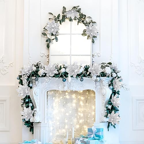 Miniatura 7 de Lyrow 24 flores de Pascua artificiales con purpurina de Navidad con clips de 4 pulgadas, decoración de flores de Navidad de 4 pulgadas, coronas de