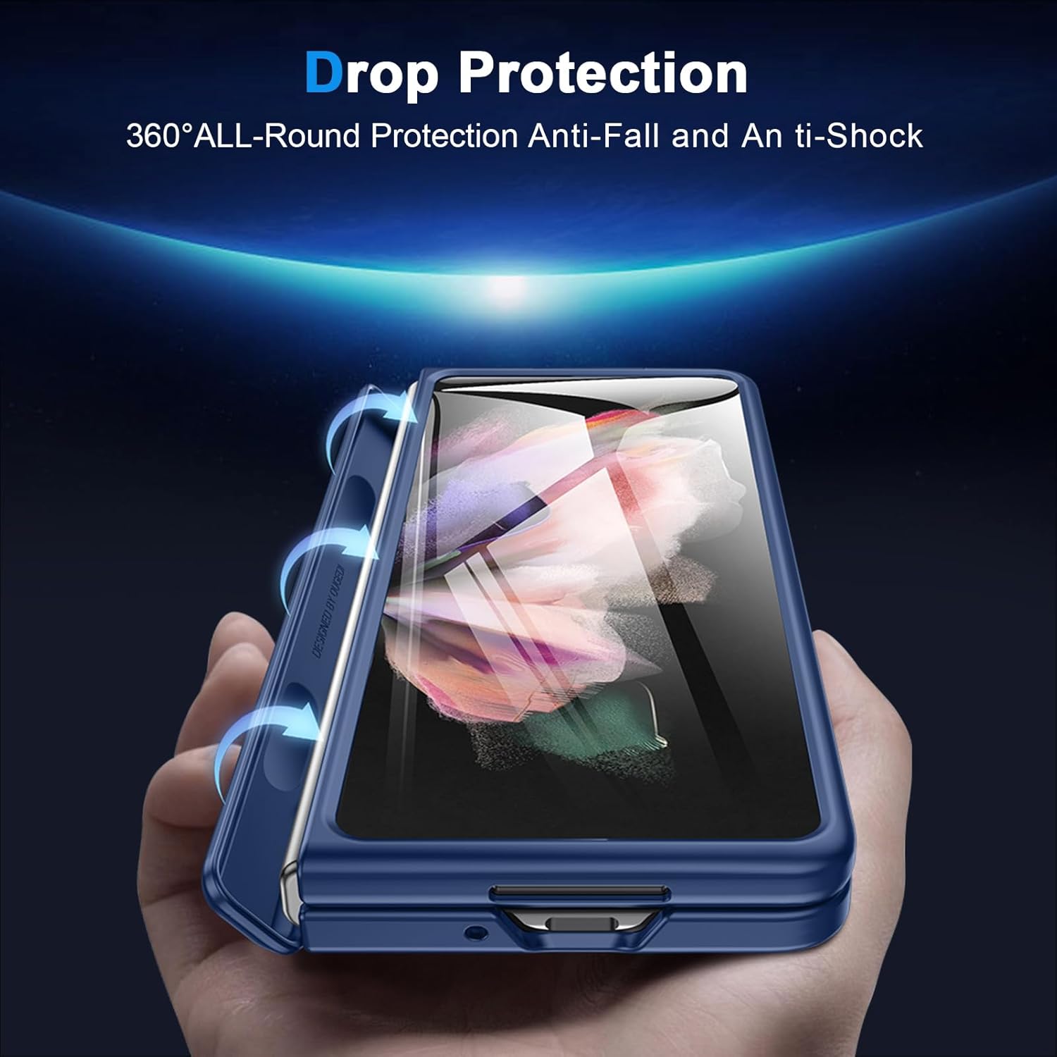 for Samsung zFold3 Hinge Protection Case: Slim Phone case with Kickstand Screen Protector for Galaxy z fold 3 5G 2021 Blue