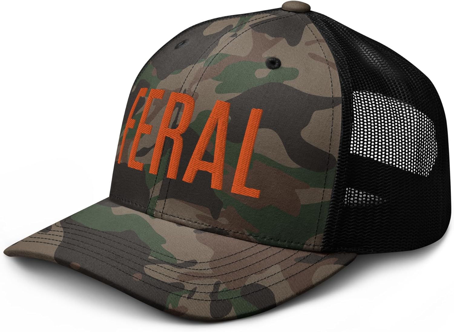 OR Camo Feral Embroidered Curved Bill Camouflage Trucker Hat Low Crown Adjustable Orange Lettering Feral Hat - Cap