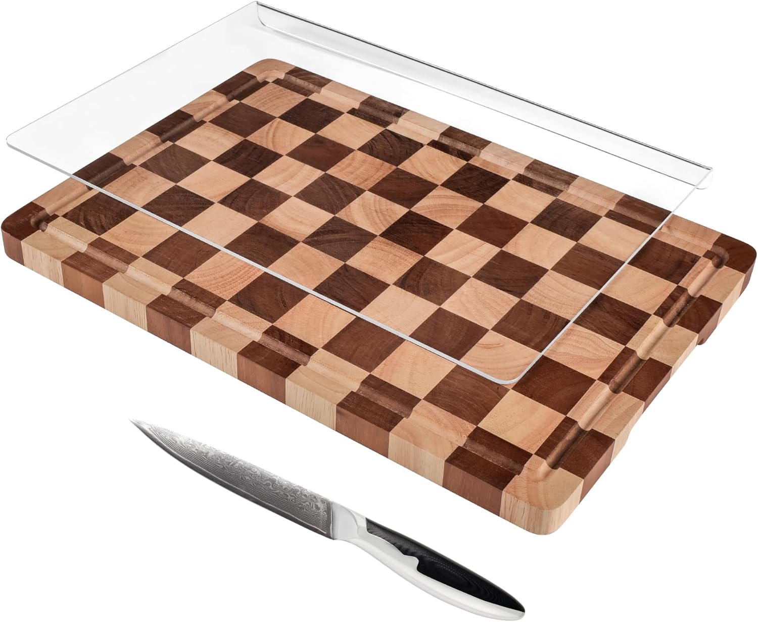 Acrylic Cutting Board & Checkerboard Wood Cutting Board Set with VG-10 Damascus Utility Knife, Kitchen Prep Bundle for Meat, Vegetables & Fruits