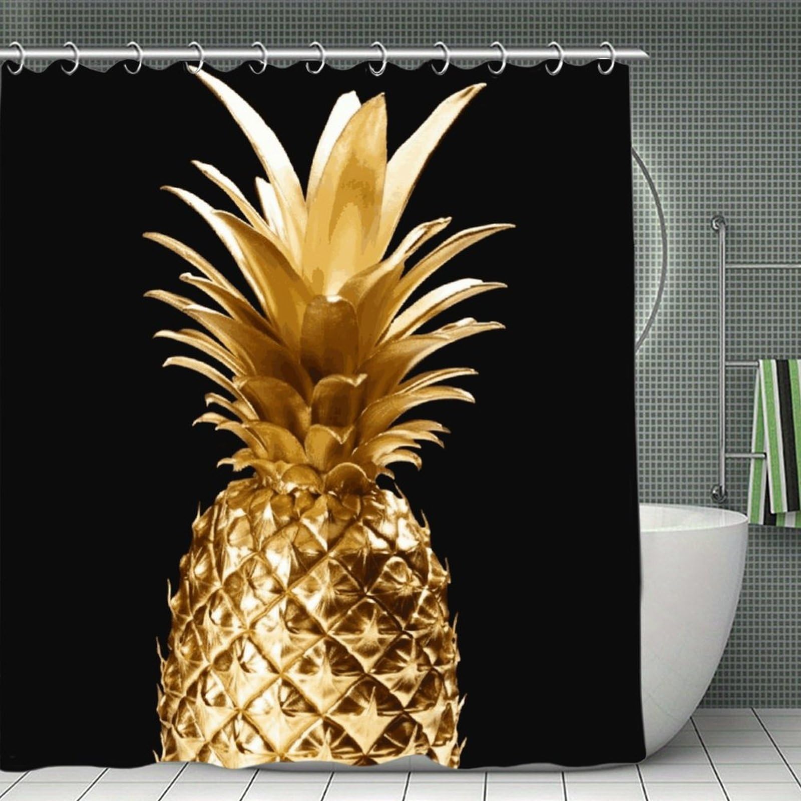 JTREHY Gold Pineapple Shower Curtain Waterproof Bathroom Shower Curtain Machine Washable Bath Curtains Polyester Cloth Bath Curtains for Bathroom Showers 70.8×70.8Inch