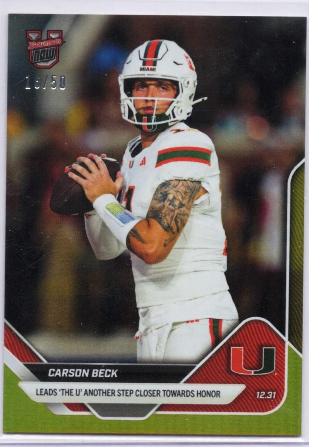 2025 Topps Bowman U Now Carson Beck #63 Gold Foil /50 Miami Hurricanes Rookie RC Football Card