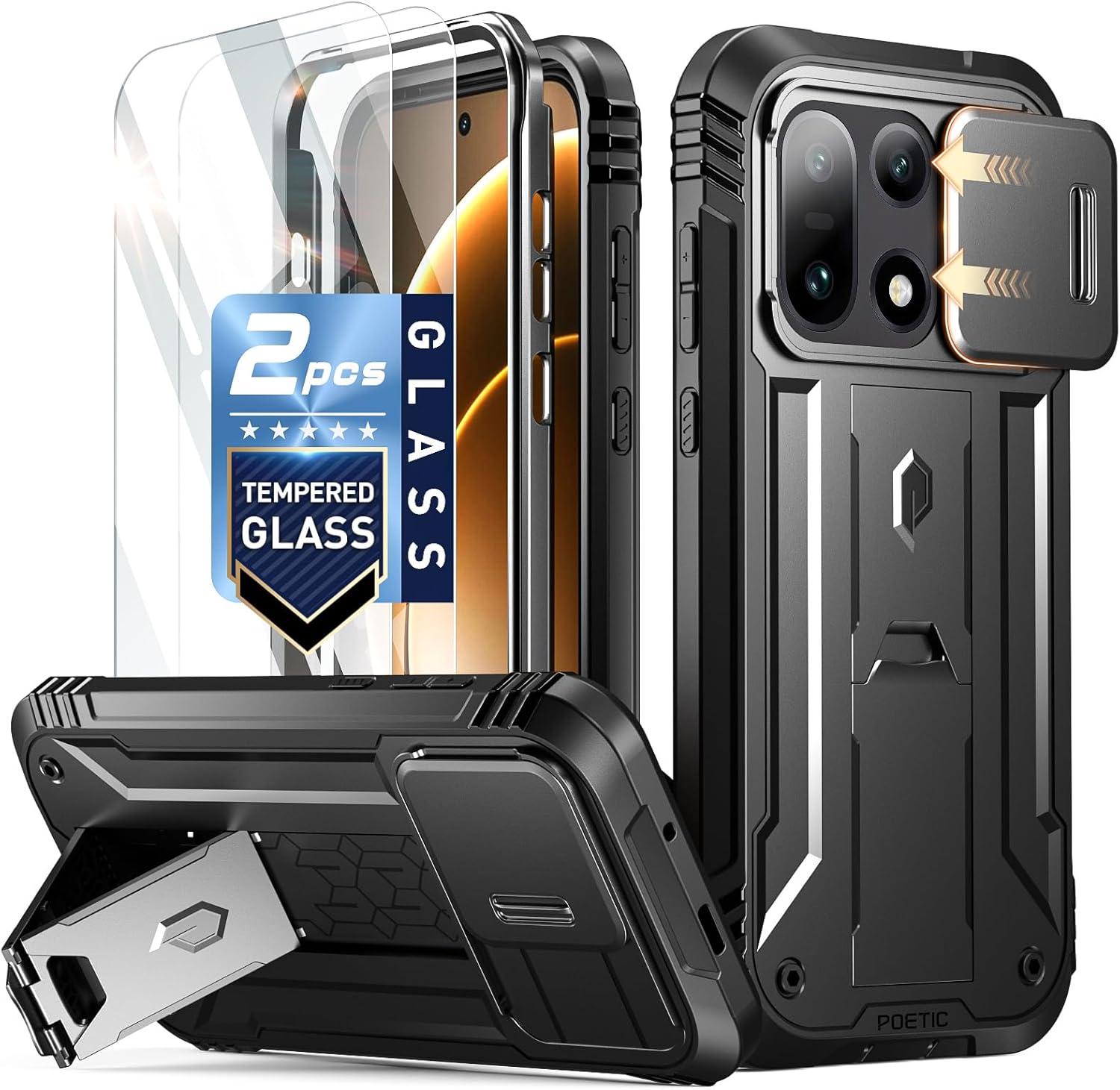 Poetic Revolution Case for OnePlus 15 5G, | Slide Camera Cover | 2 Tempered Glass Screen Protector | 20FT Mil-Grade Drop Tested | Full-Body Rugged Dual-Layer Shockproof Case with Kickstand, Black