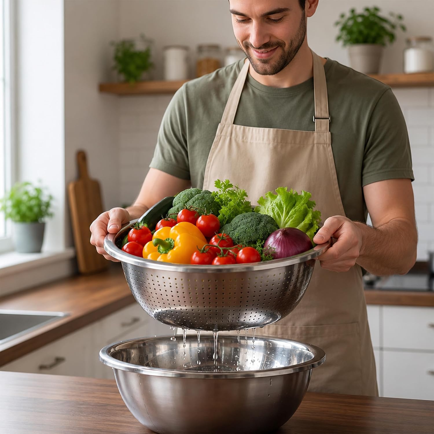 4 Pcs 13 Qt Colander Stainless Steel Set, 2 Bowls & 2 Strainers