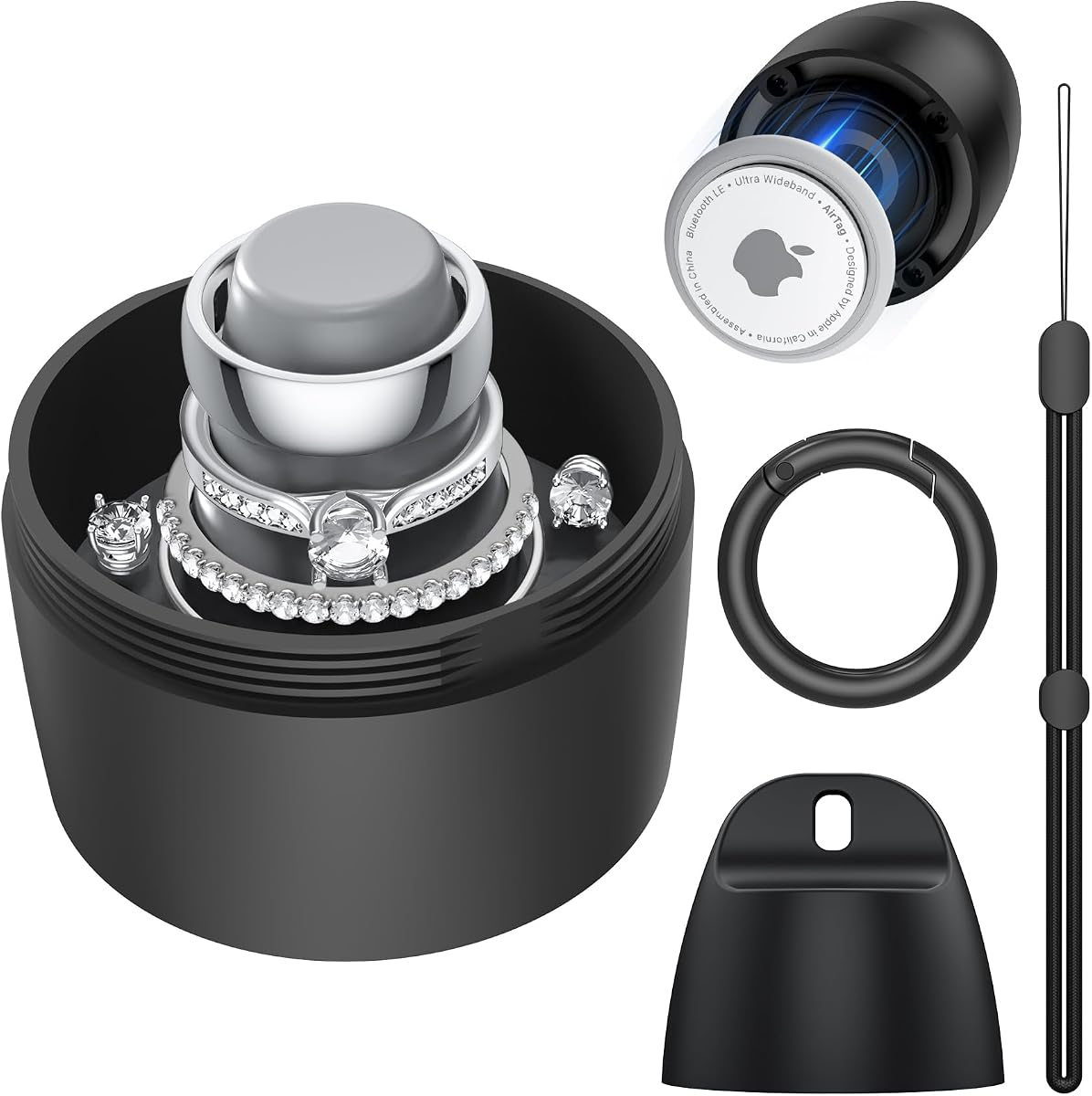 Travel Case for Oura Ring with Hidden Bottom AirTag Holder Anti-Loss, Hard Shell PC Jewelry Storage Box, Portable Keychain & Lanyard for Rings, Earrings & Small Jewelry (Phantom Black)