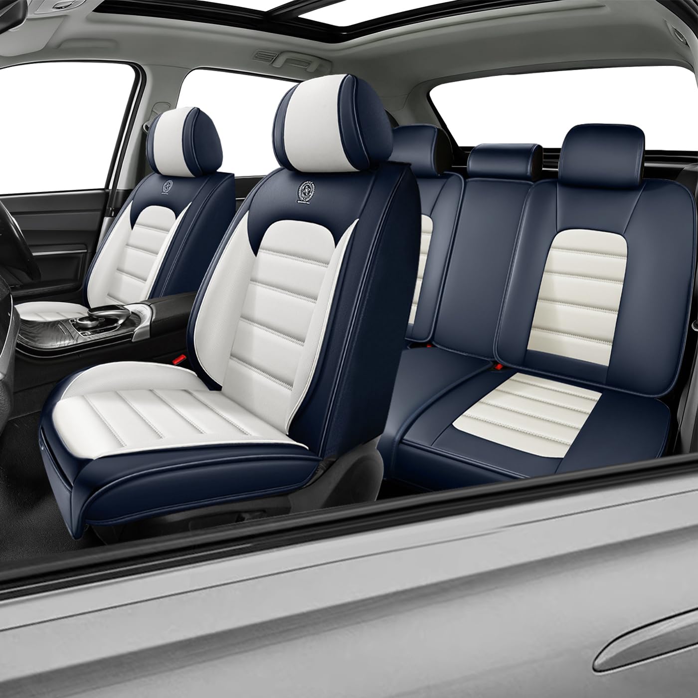Car Seat Covers for X2,for BMW X2 2018-2025 2026,Waterproof Leather Seat Covers,Compatible Airbag,Full Set Comfort Car Seat Protectors for Most Cars(Blue&amp;White)