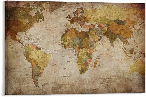 IkiCk Mapa del mundo vintage, decoración de pared vintage, pinturas al óleo famosas para sala de estar, ilustraciones clásicas, imágenes para