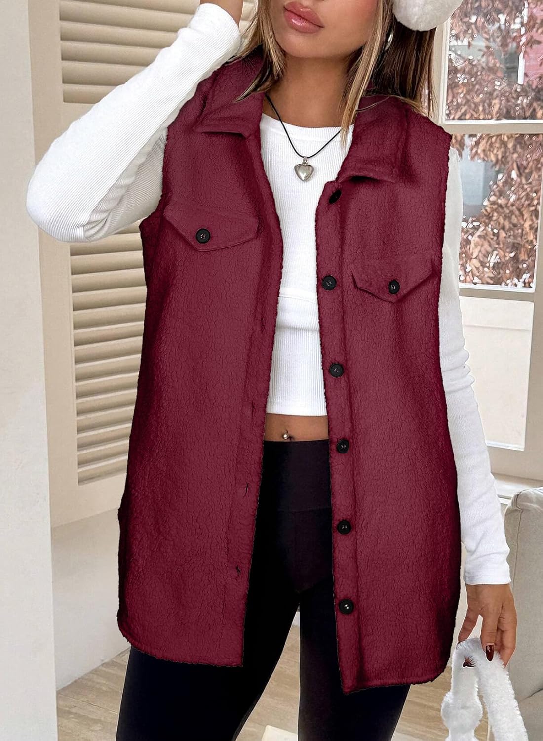 EVALESS Womens Warm Sherpa Fleece Sleeveless Button Down Long Vest Sherpa Jackets Coat Outerwear