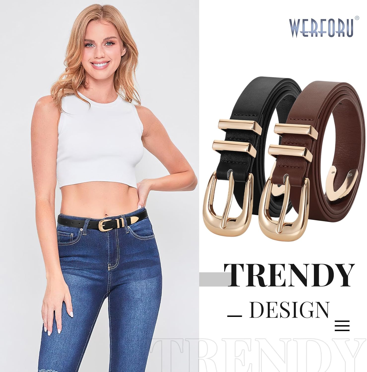 WERFORU 2 Pack Women Leather Belt Fashion Leather Waist Belt for Pants Jean Ladies Western Belt with Gold/Silver Buckle- - Image 2