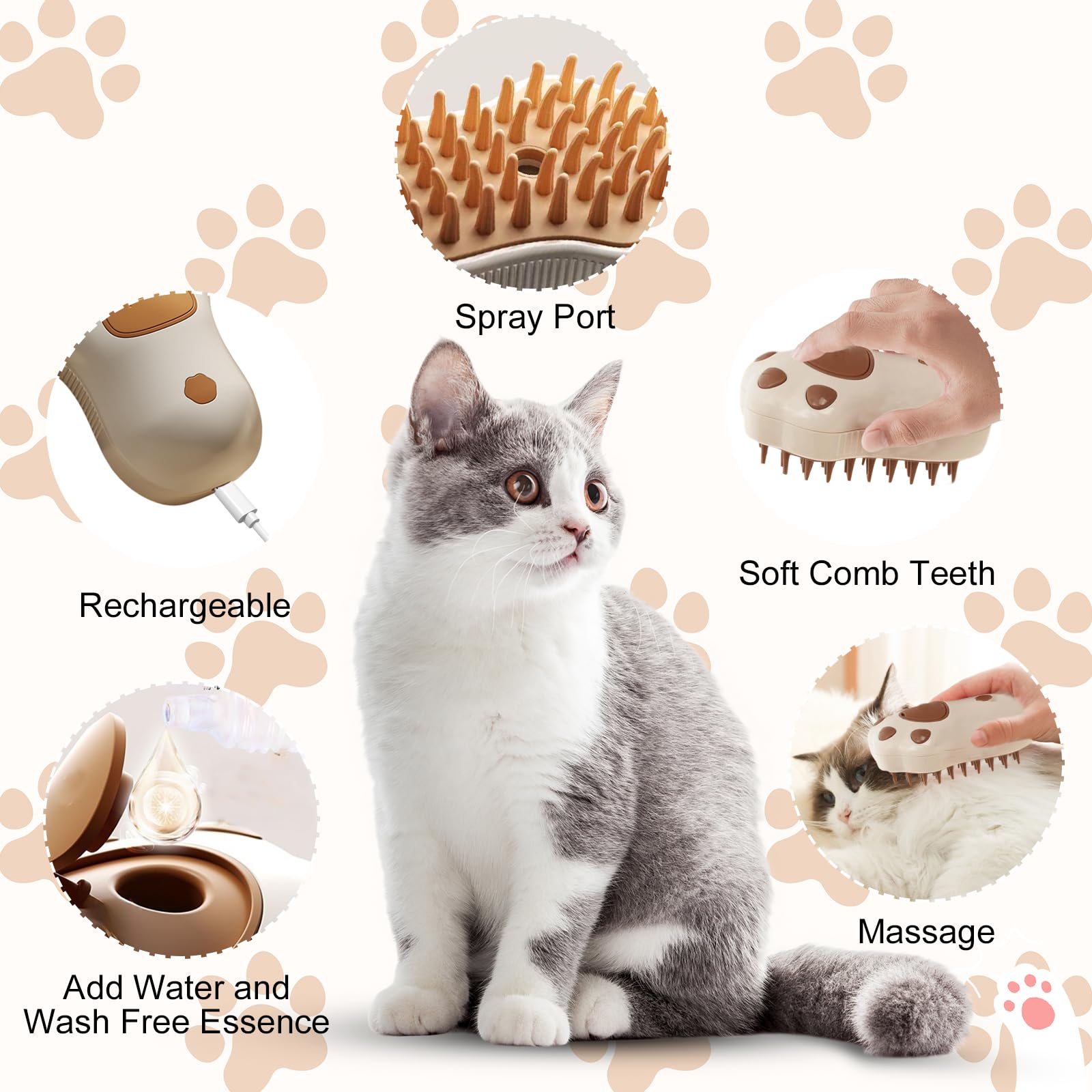 Spazzola per gatti, spazzola a vapore 3 in 1 a forma di artiglio di gatto, spazzola multifunzione per gatti, spazzola autopulente per gatti, spazzola per la toelettatura del gatto, pettine per la