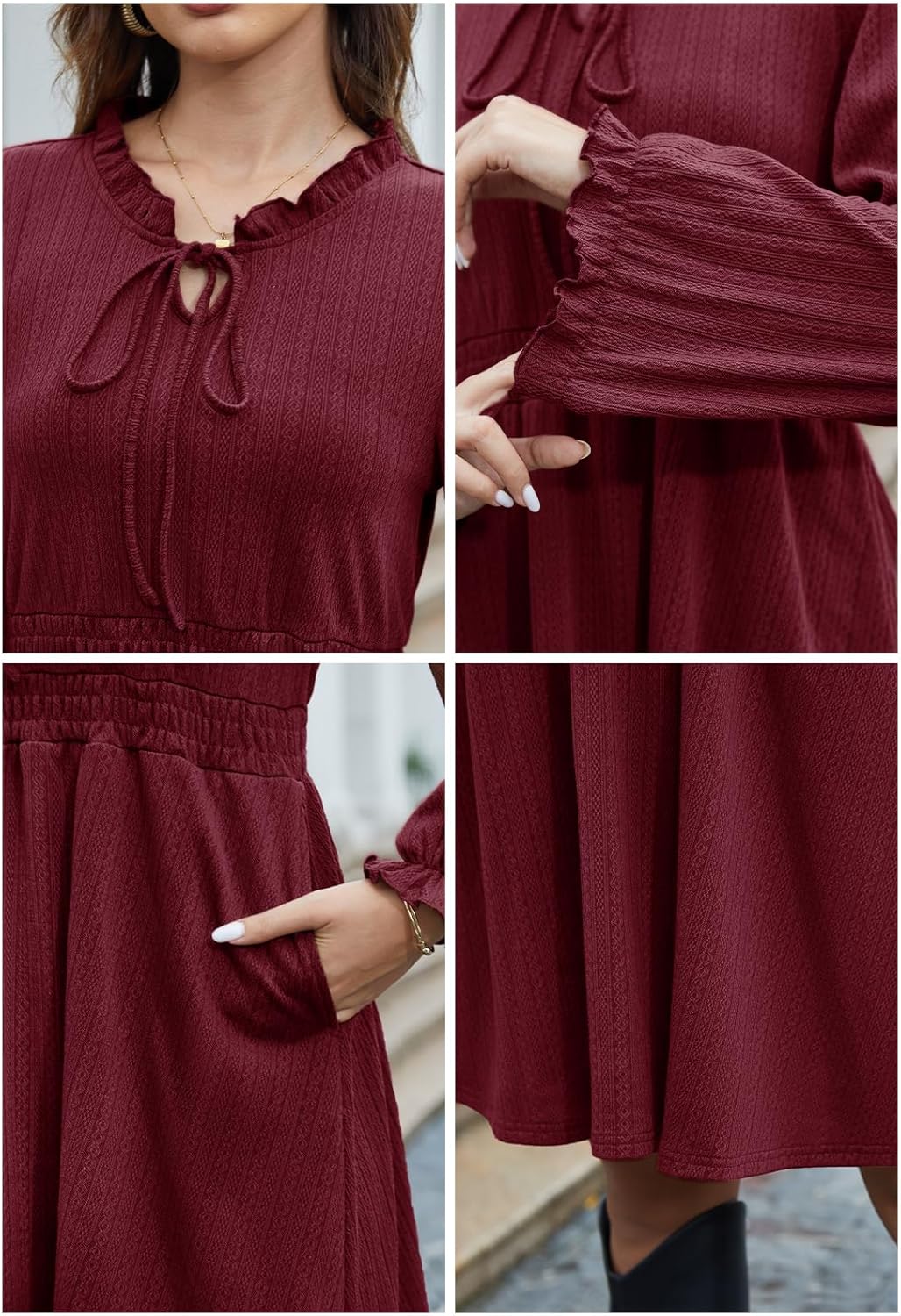 Alaster Queen Women's Fall Long Sleeve Dress Knit Ribbed Tie Front A Line Casual Ruffle Dresses with Pockets - Image 6