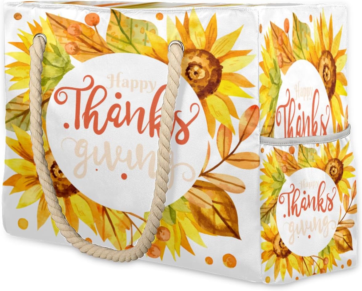 Happy Thanks Giving Sunflowers Beach Bag for Women Waterproof Sandproof Tote with Zipper Cotton Rope Handles for Travel Pool Gym Shopping
