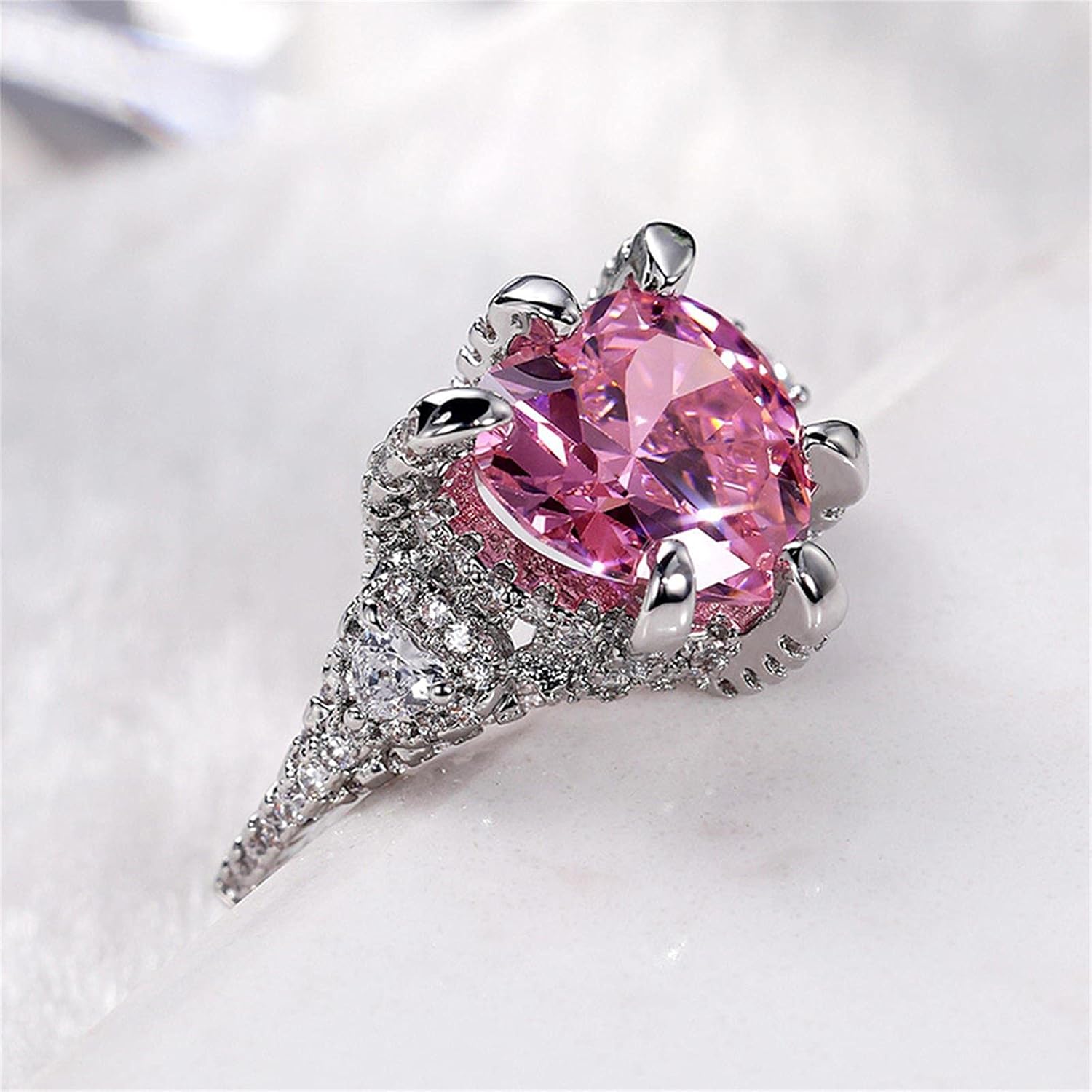 925 Sterling Silver Shiny Full Diamond Heart-Shaped Pink Gemstone Ring Cubic Zirconia Rings CZ Diamond Ring Eternity Engagement Wedding Band Ring for Women (US Code 9) - Image 6