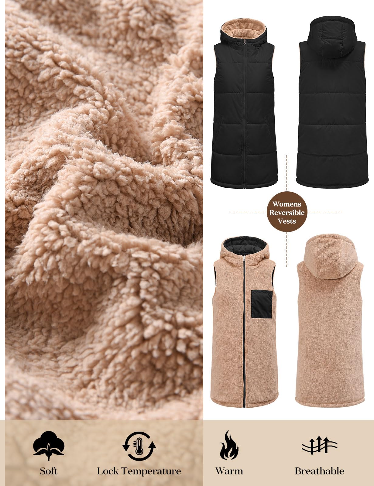 Tuopuda Gilet Donna Lungo in Pile, Smanicato Invernale con Cappuccio, Cappotto Senza Maniche Termico Giubbotto Imbottito Giacca con Cerniera e Tasche