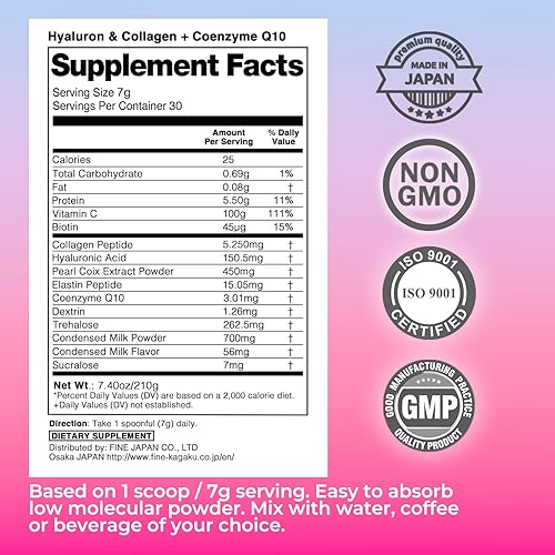 Miniatura 4 de FINE JAPAN Péptidos de colágeno. Ácido hialurónico y colágeno + ubiquinol. Colágeno marino en polvo con elastina. Sin OMG. Apoya la piel, el
