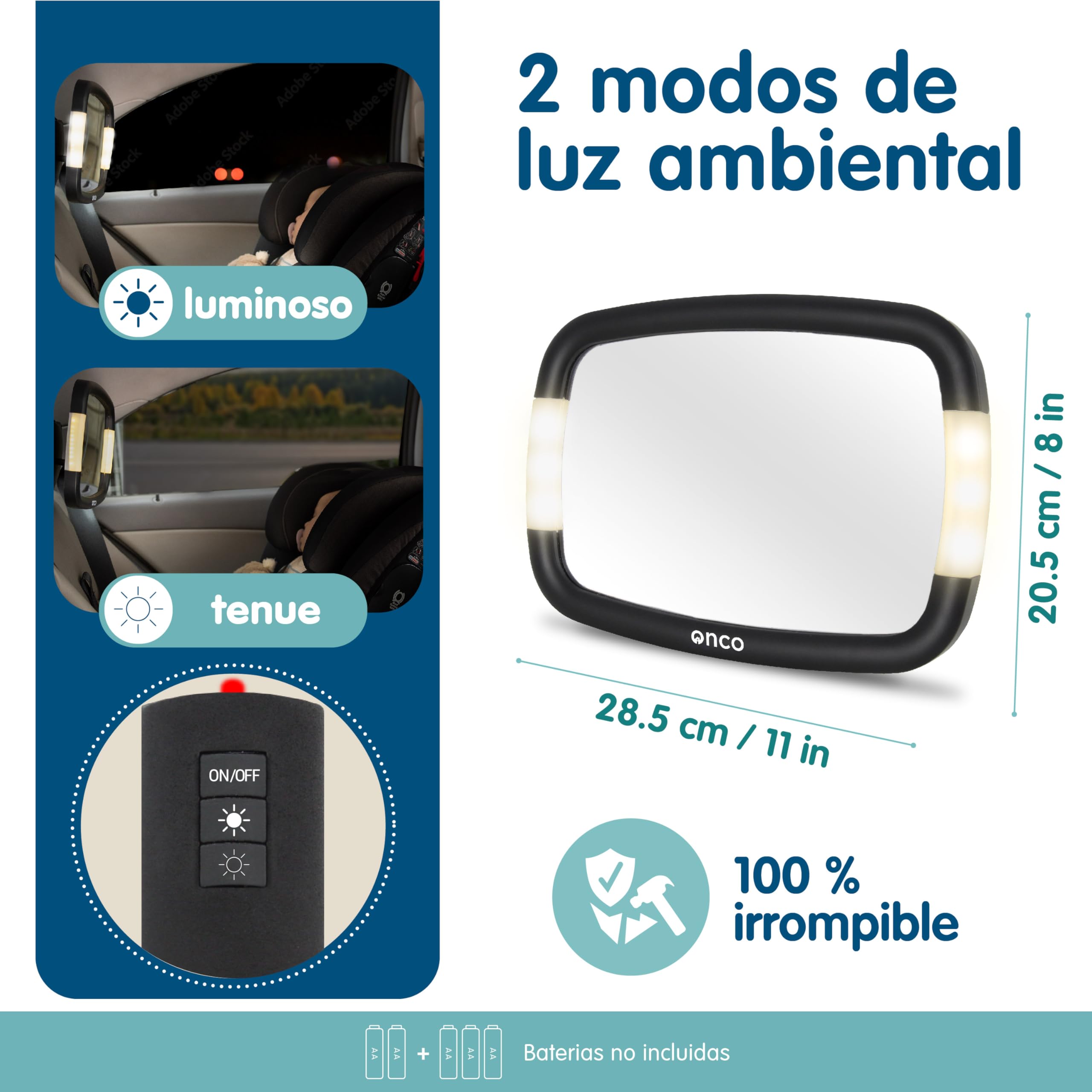 Onco Espejo Coche Bebé Con LED - 2 Modos de Luz Ambiental, 100% Irrompible, Ajuste Universal y Orientable 360°, Asiento Trasero, Retrovisor, Accesorios