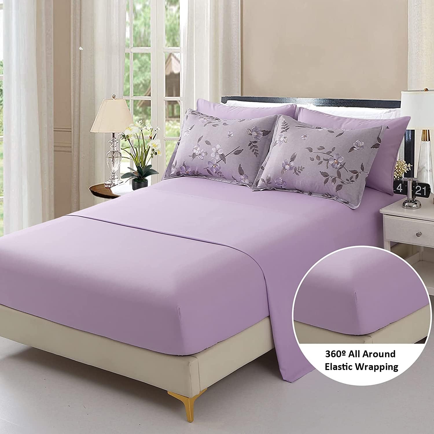 Juego de edredón de 7 piezas de cama en una bolsa, color morado, plantas botánicas, flores, juego de ropa de cama de microfibra suave con 1 edredón, 2 fundas de almohada, 1 sábana encimera, 1 4
