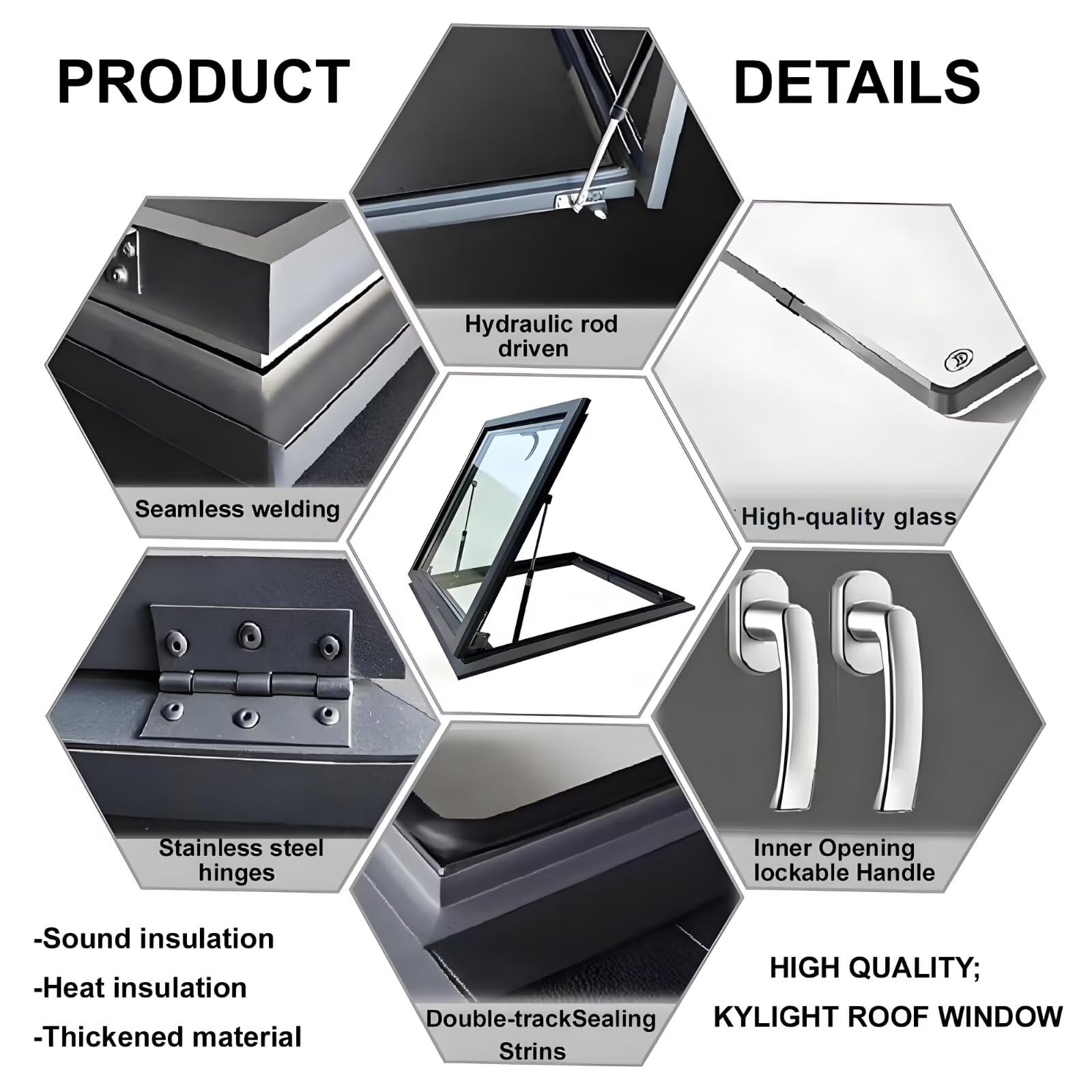 Okno dachowe Skylight Podwójna warstwa hartowane s Pokrywa ze stopu aluminium e i pręt hydrauliczny Ręczna wentylacja do piwnicy na poddaszu i pokoju słonecznegoRozmiary: 50.8 cm 66 cm 81.3 cm 91.4 cm