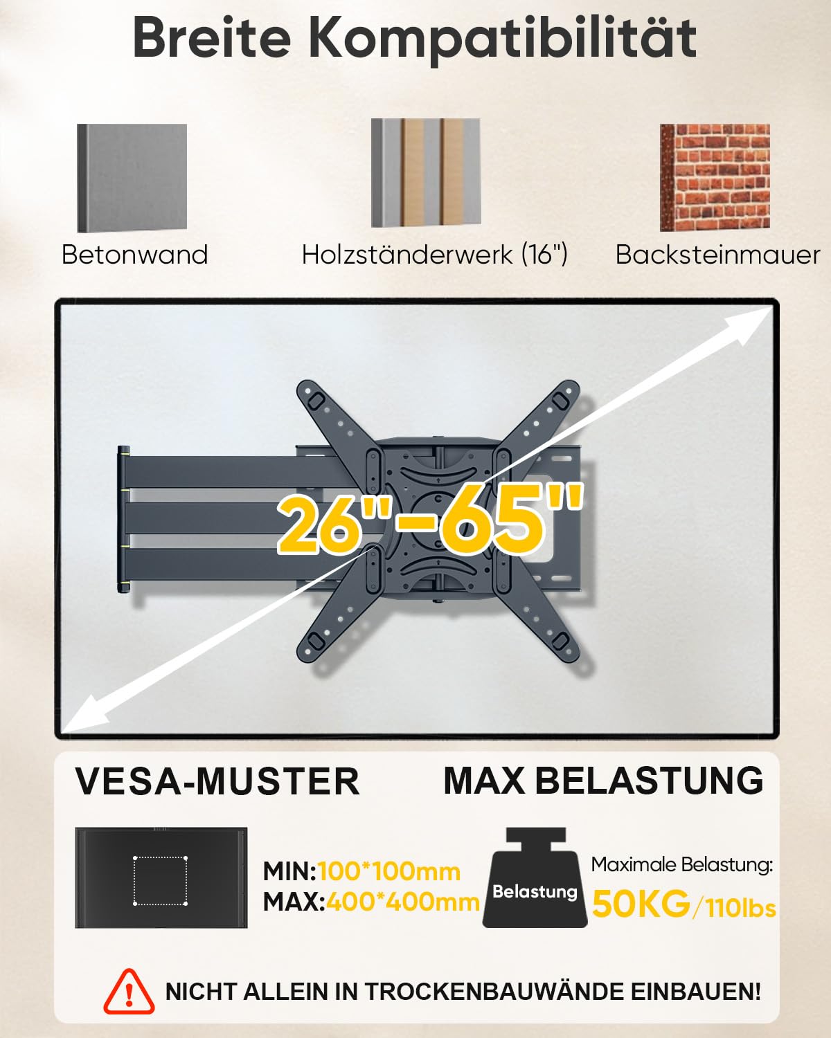 TV Wandhalterung mit 1219mm Langer Reichweite, 90° Drehbare Wandhalterung Fernseher Schwenkbar Neigbar Voll Beweglich TV Halterung für 26-65 Zoll Fernseher & Monitor bis zu 50kg VESA 400x400mm