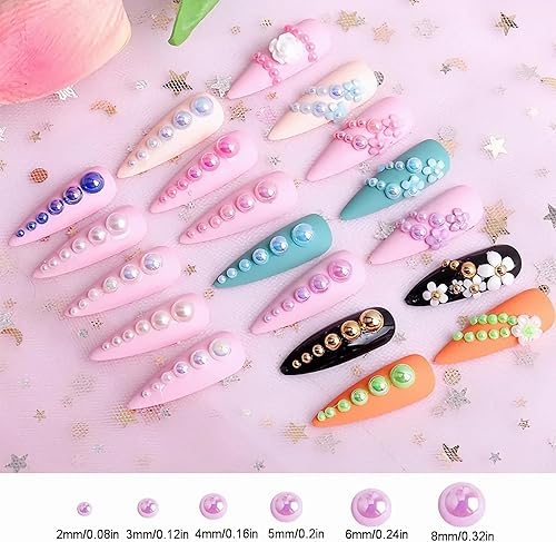 Miniatura 3 de Tamaño mixto de 5/64, 1/8, 5/32, 13/64 pulgadas, 1000 cuentas de imitación perla, mitad redonda, plana atrás, diamantes de imitación, arte de uñas,