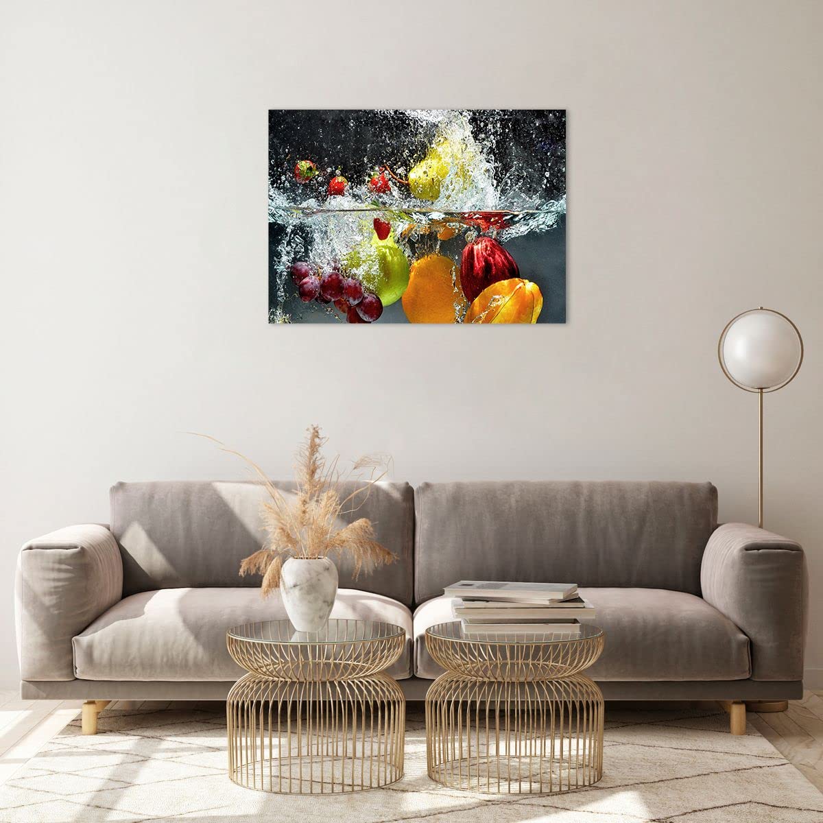 Moderne Impression sur Verre Fruits eau éclaboussures nourriture Image Tableau en Verre Decoration Murale 70x50cm Deco Cadre Salon Chambre Horizontal Petit Tableaux Decoratifs Muraux Art GAA70x50-2972