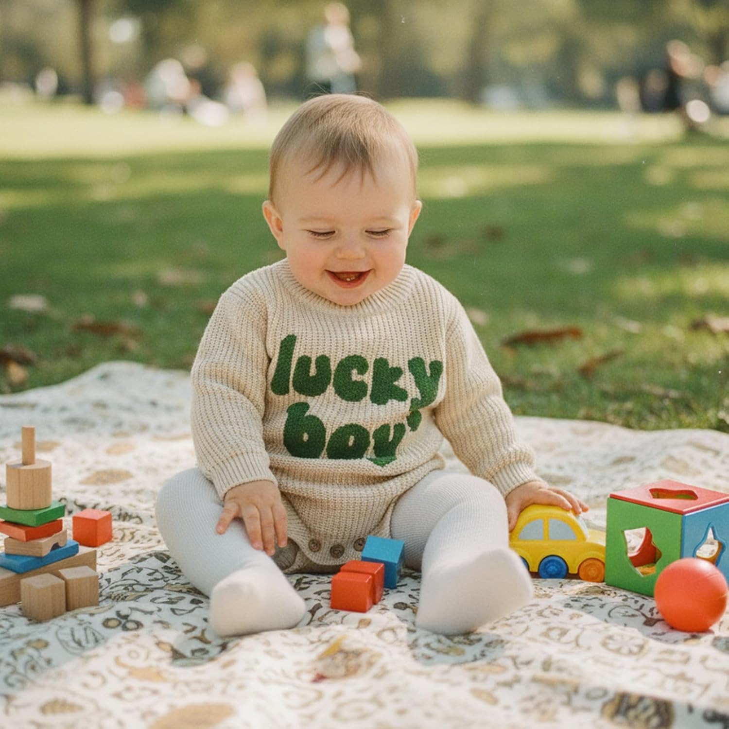 Newborn Infant Baby Boy St Patricks Day Outfit Lucky Boy Embroidery Knit Sweater Romper Long Sleeve Bubble Bodysuit - Image 4