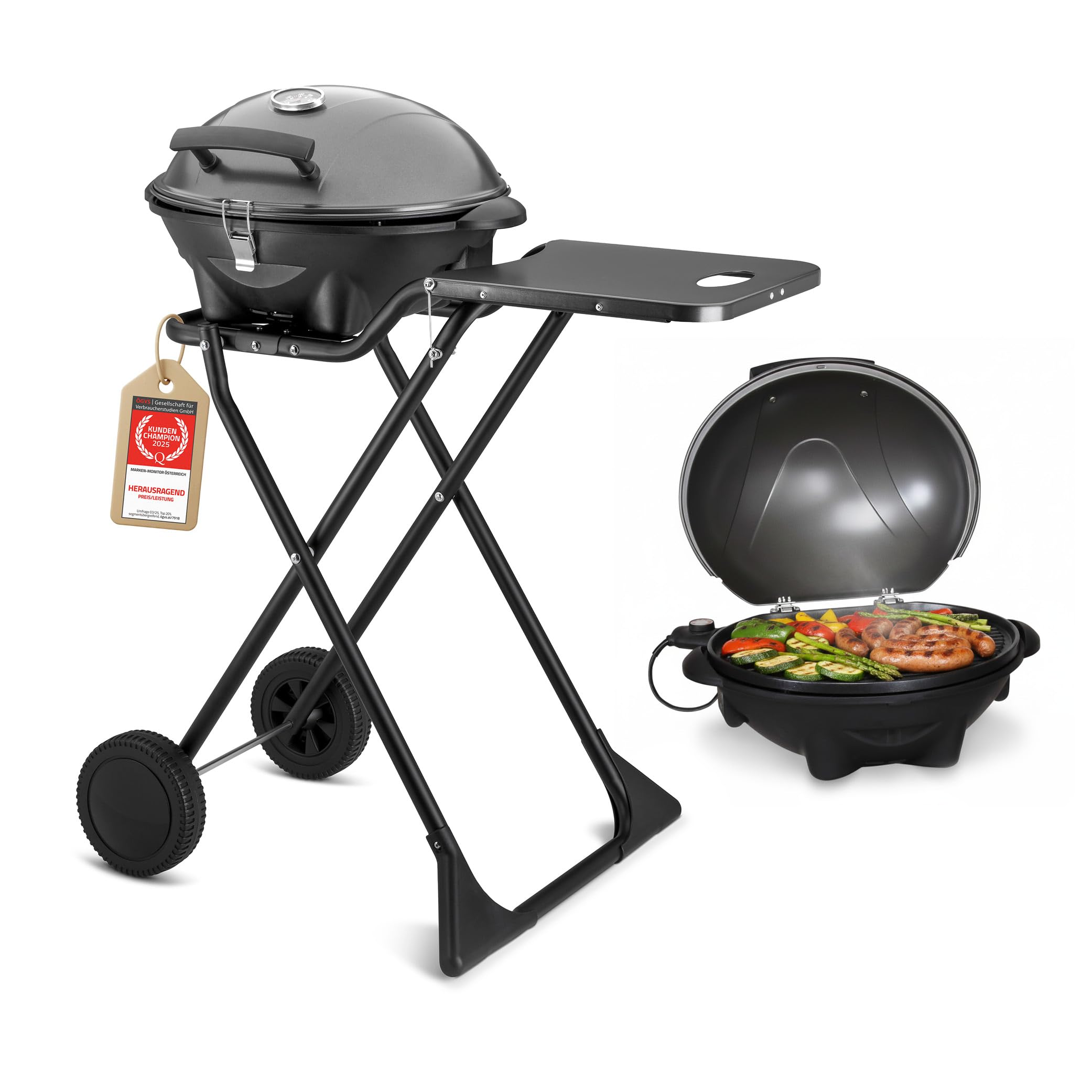 TZS First Austria - Elektrogrill 2 in 1 Tischgrill & Standgrill 2400W - Elektrischer & klappbarer Grill für Balkon & Terrasse mit Deckel & Rollwagen - Elektro-Kugelgrill mit Thermometer & Tropfschale