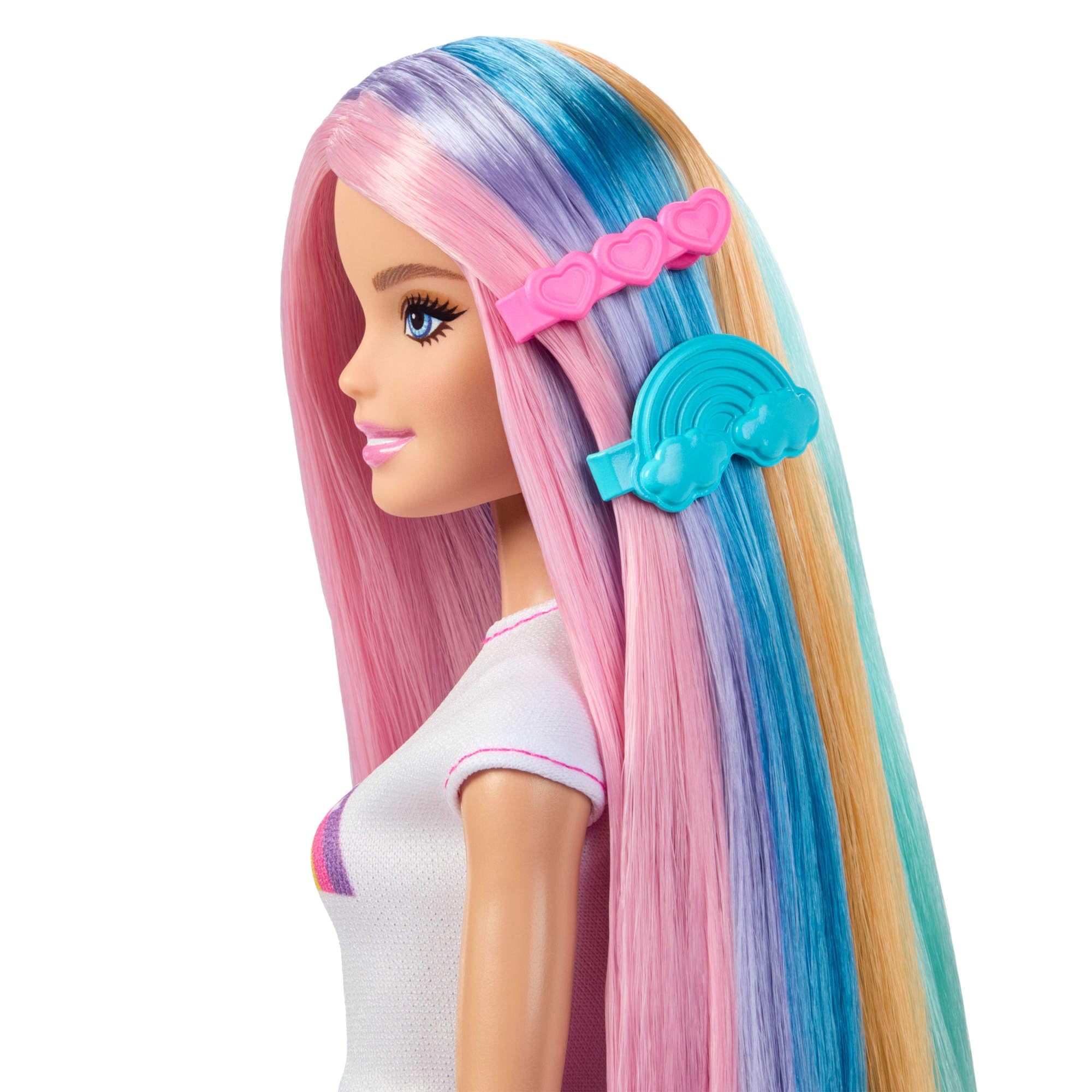 Barbie Regenbogen-Glitzerhaar Puppe, besonders Lange und Bunte Haare mit 12 Styling-Zubehörteilen wie Glitzergel-Tube, Haarbürste, Haarspangen, Föhn und mehr, JJP07