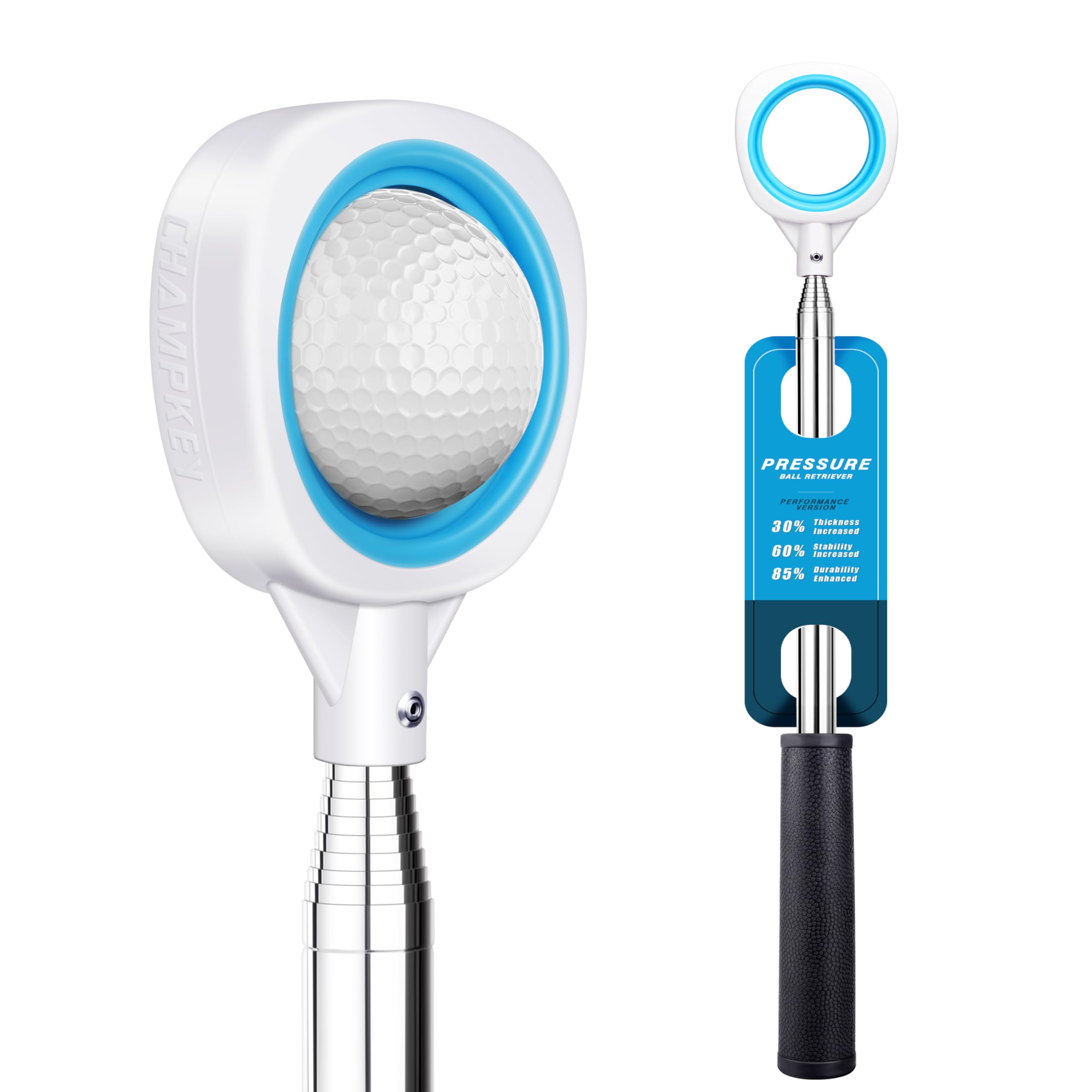 CHAMPKEY Pressure Golf Ball Retriever Performance Version - Thicken Stainless Steel Shaft with Rubber Grip Golf Retriever - Available in 9Ft / 12Ft / 14.5Ft / 16.3Ft / 17Ft / 20Ft