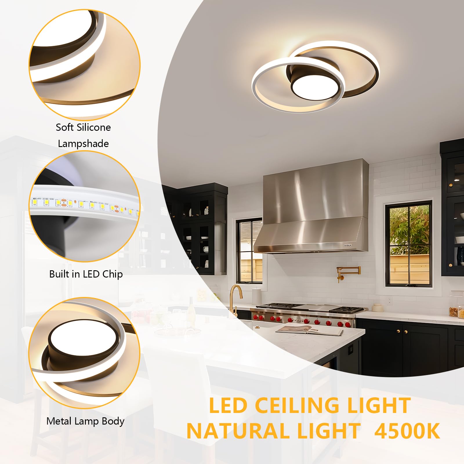 Comely Lampa sufitowa LED, okrągła lampa sufitowa 42W, nowoczesna lampa do przedpokoju, łazienki, kuchni, salonu, naturalne światło 4500K, średnica 40 cm, czarna i biała