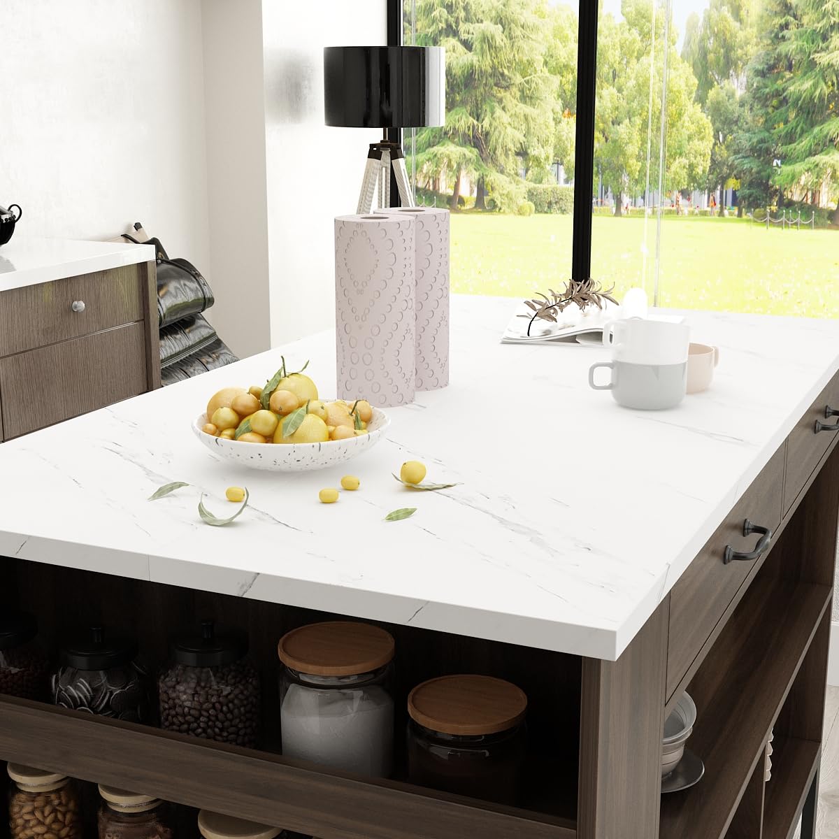 Isla de cocina con 2 cajones y 6 estantes, losa de mármol, 75 x 140 x 92 cm, marrón oscuro y blanco