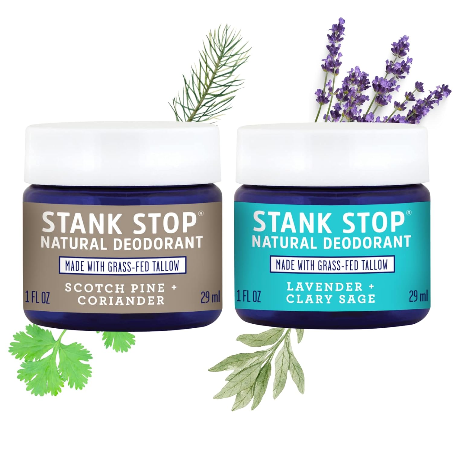 FATCO Stank Stop All Natural Deodorant Cream in a Jar with Tallow and Organic Coconut Oil – Scotch Pine + Coriander/Lavender + Sage 2-Pack (1 oz)