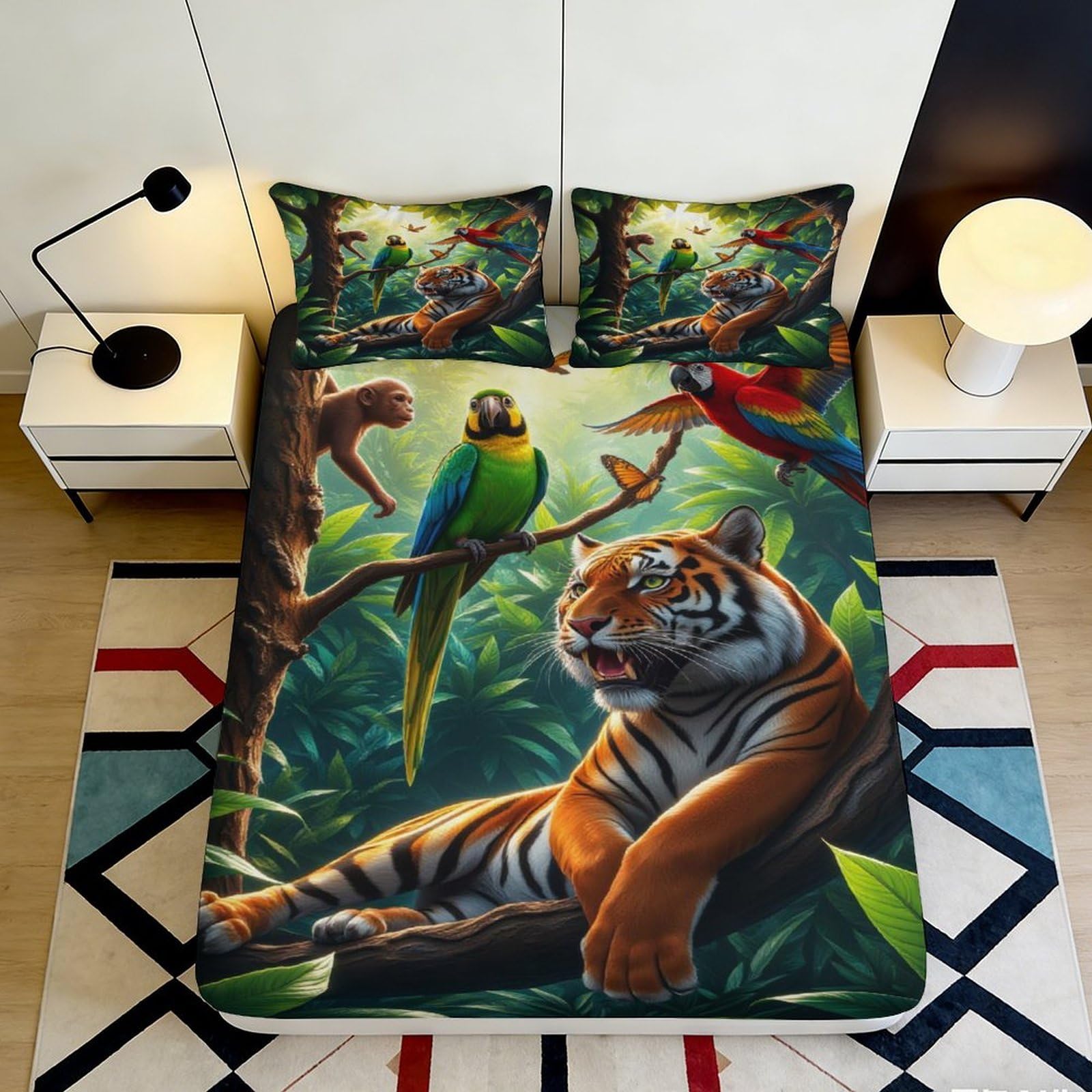 3D Printed Jungle Tiger Fitted Sheet Microfiber Soft Durable Exotic Birds Bed Cover for Bedroom Dormitory Guest Room Mattress Protection 120x200x25cm