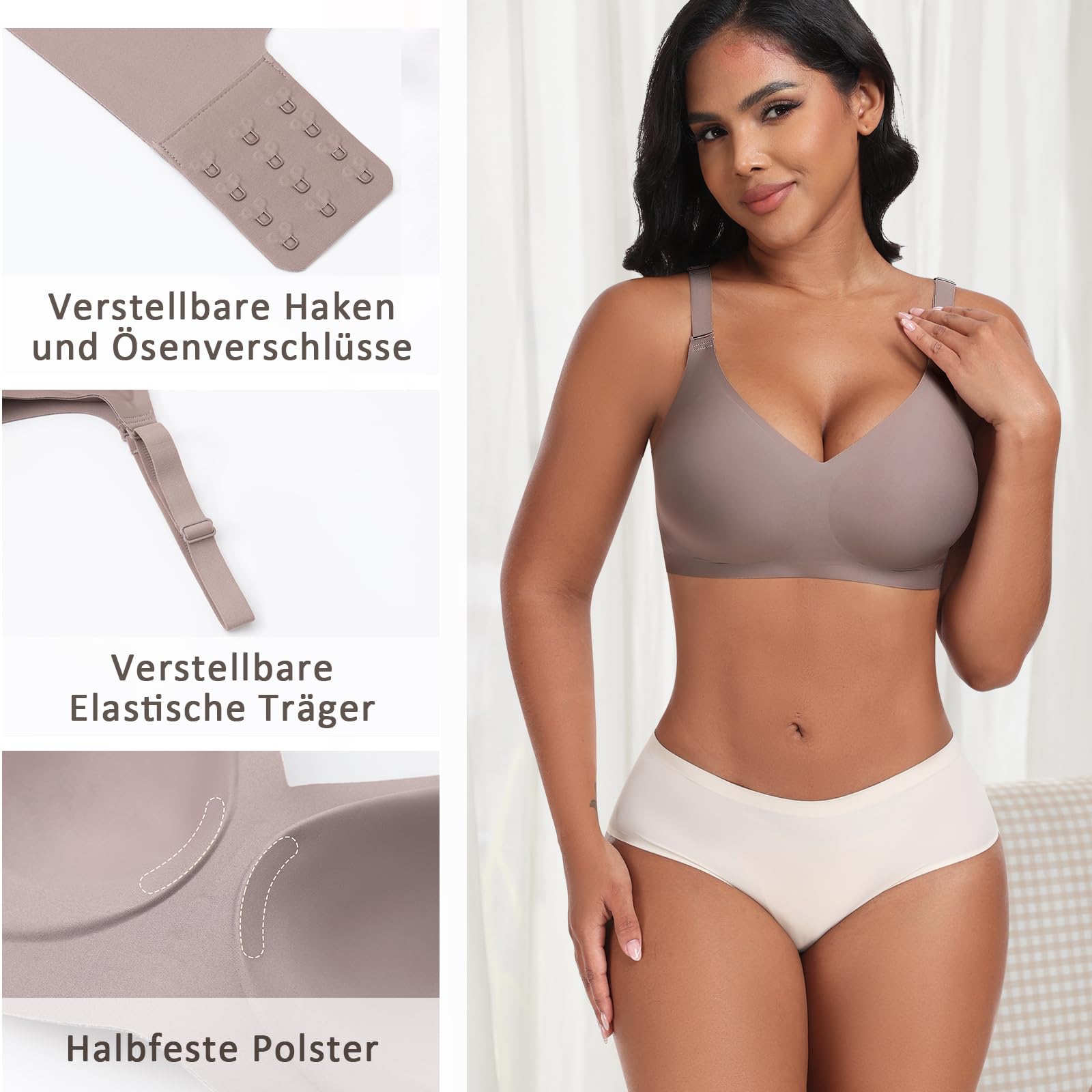 Jiuday Reggiseno senza ferretto, reggiseno push up per seni grandi, tenuta forte, senza ferretto, senza ferretto, imbottito, senza ferretto, comodo, scollo a V, bralette, Nero + caffè., XL