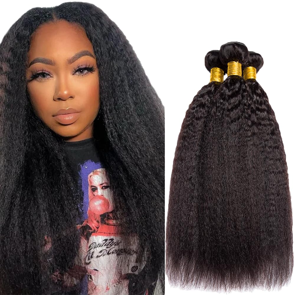 YOUNGHANN 24 26 28 Inch Natural Black Color Kinky Straight Bundles Human Hair Unprocessed Brazilian Virgin Hair Yaki Straight Bundles